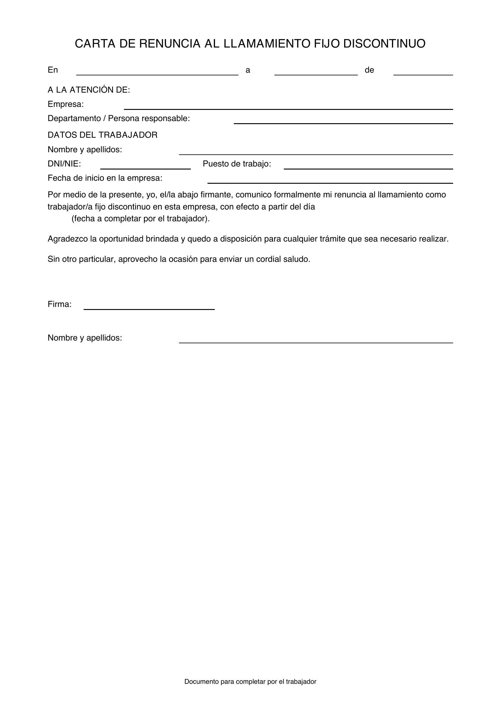 Carta Renuncia Llamamiento Fijo Discontinuo