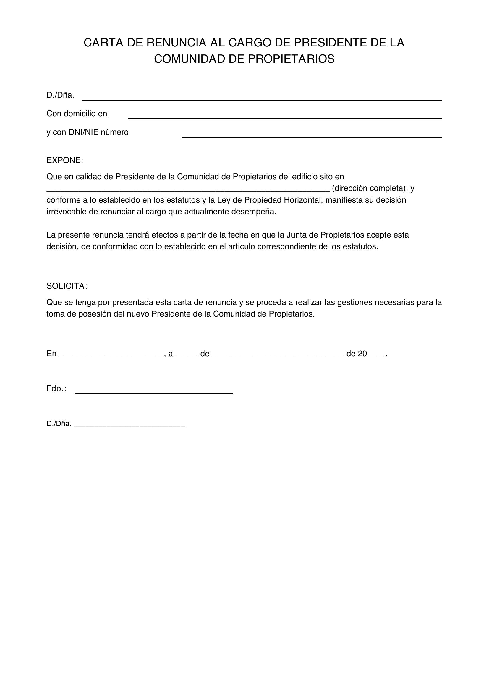 Modelo Carta Renuncia Presidente Comunidad Propietarios