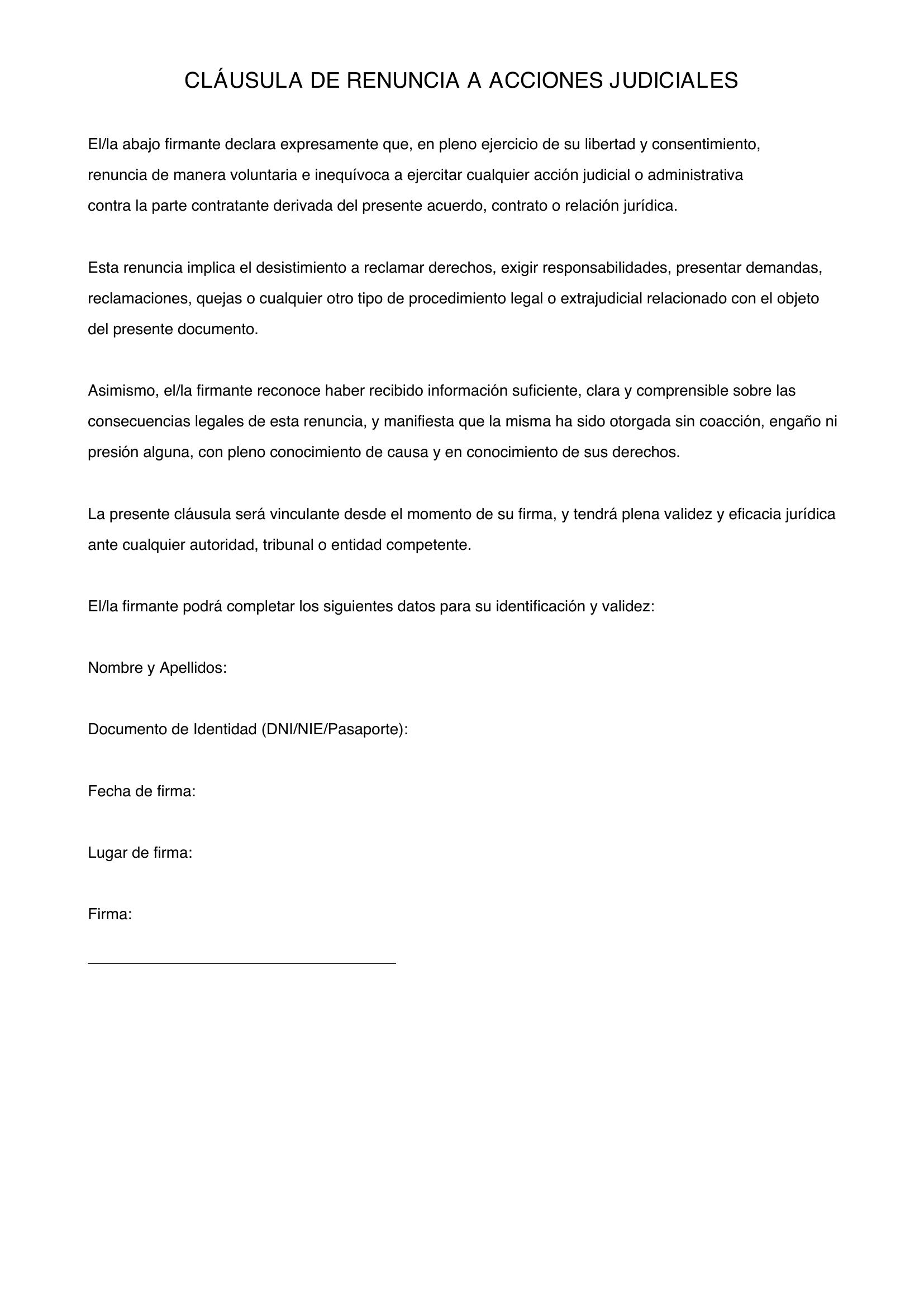 Modelo Cláusula De Renuncia A Acciones Judiciales