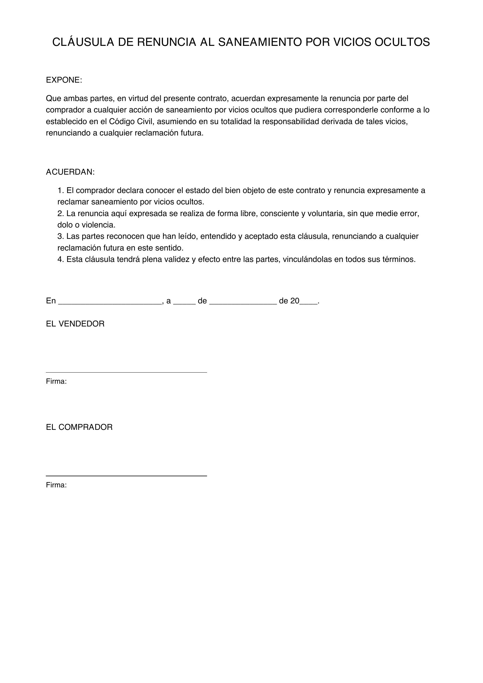 Modelo Cláusula Renuncia Saneamiento Vicios Ocultos