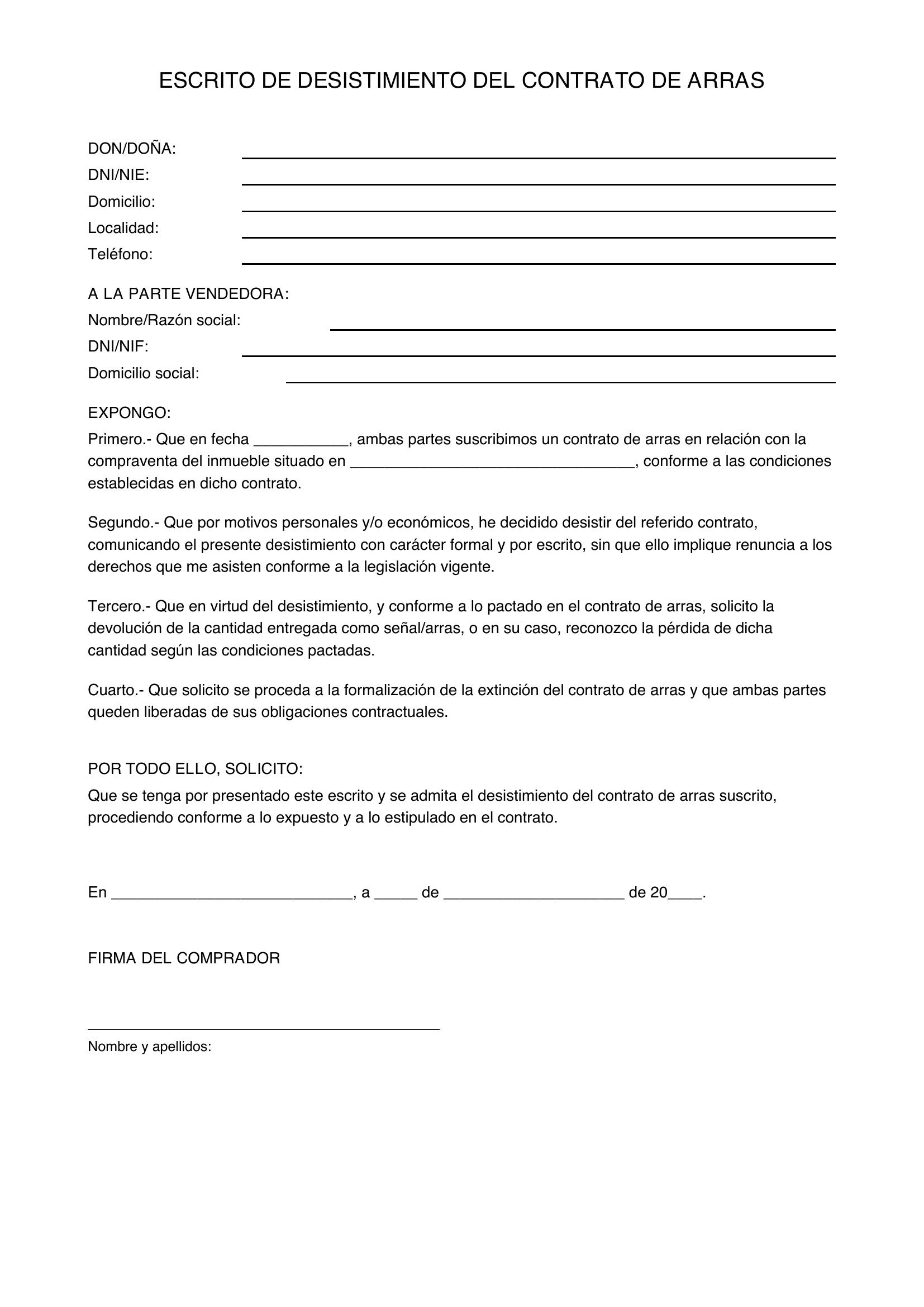 Modelo Desistimiento Contrato De Arras Comprador