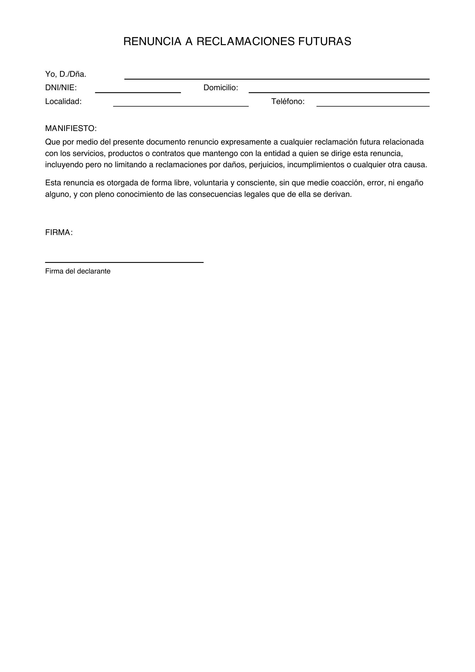 Renuncia A Reclamaciones Futuras Modelo