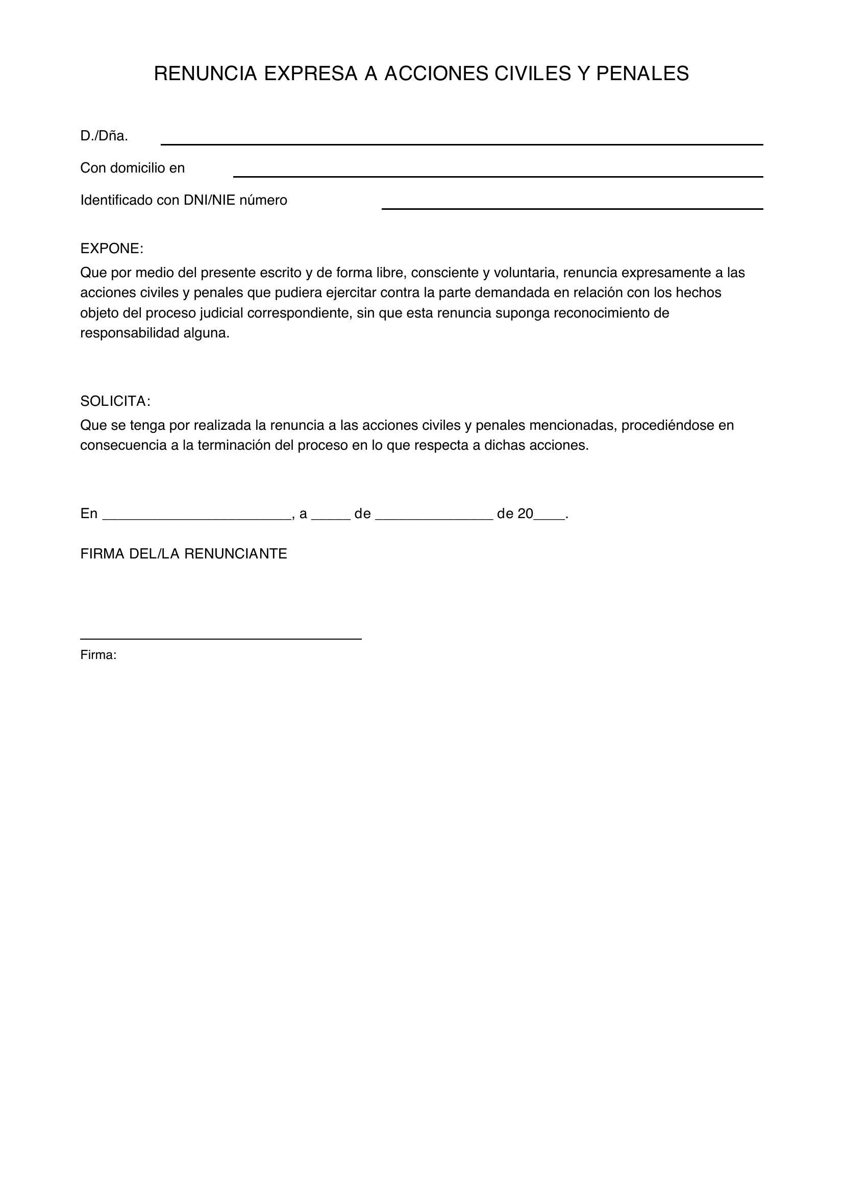 Modelo Renuncia Acciones Civiles Y Penales