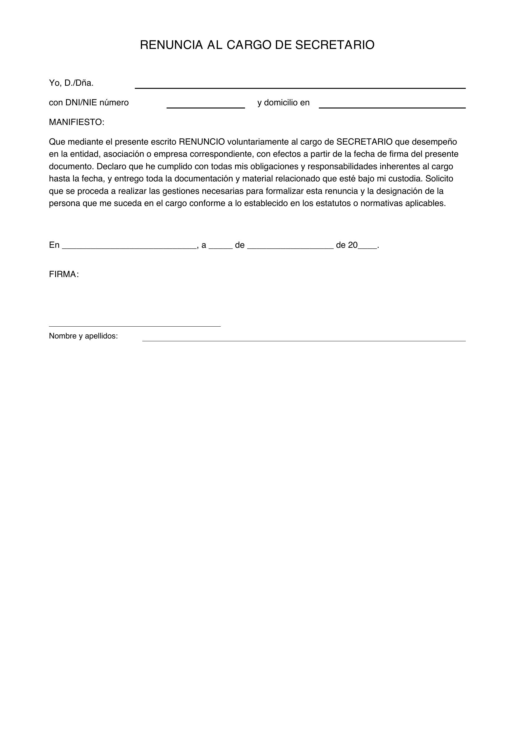 Modelo Renuncia Cargo Secretario