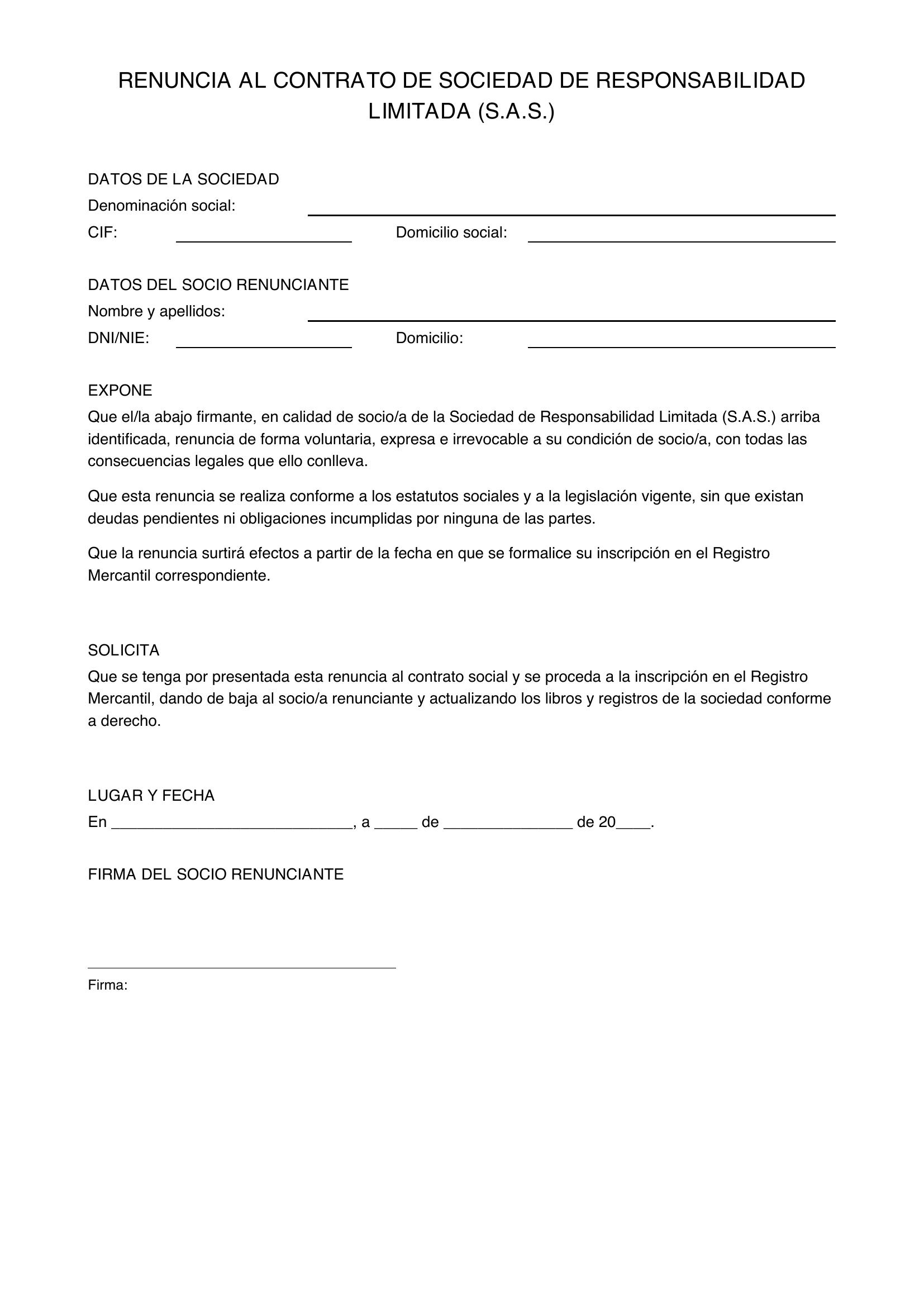 Modelo Renuncia Contrato Sas