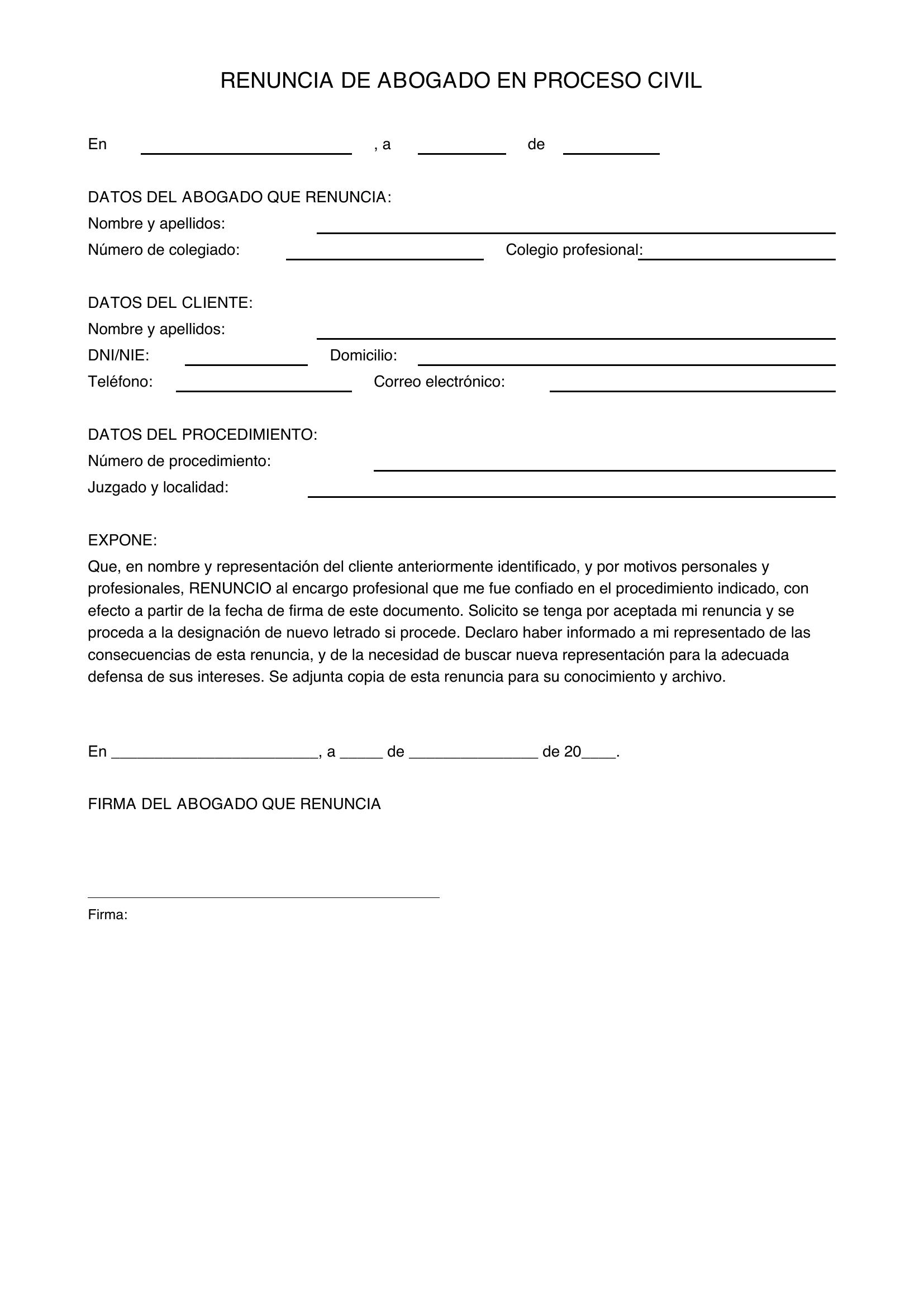 Modelo De Renuncia De Abogado En Proceso Civil