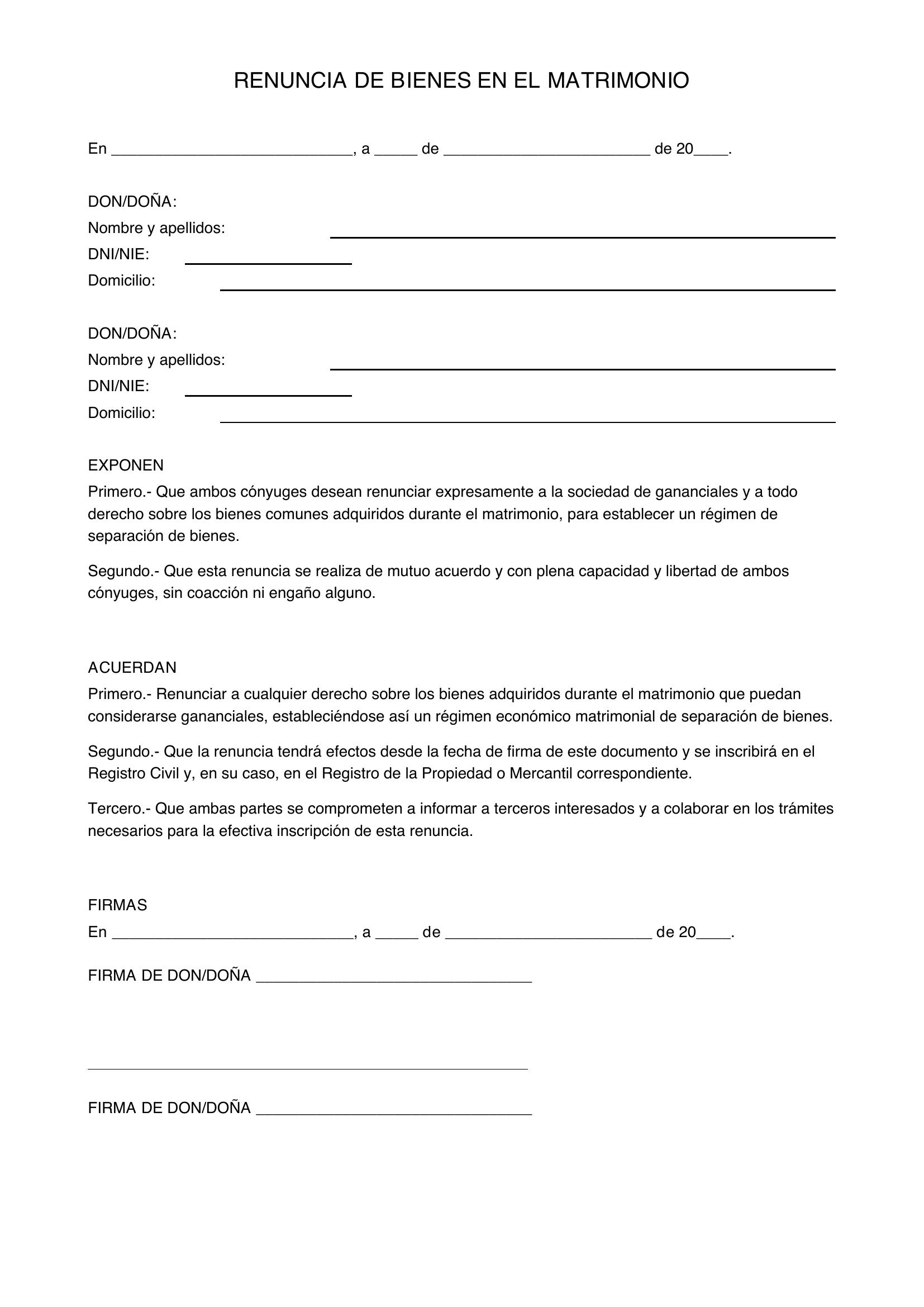 Modelo De Renuncia De Bienes En El Matrimonio