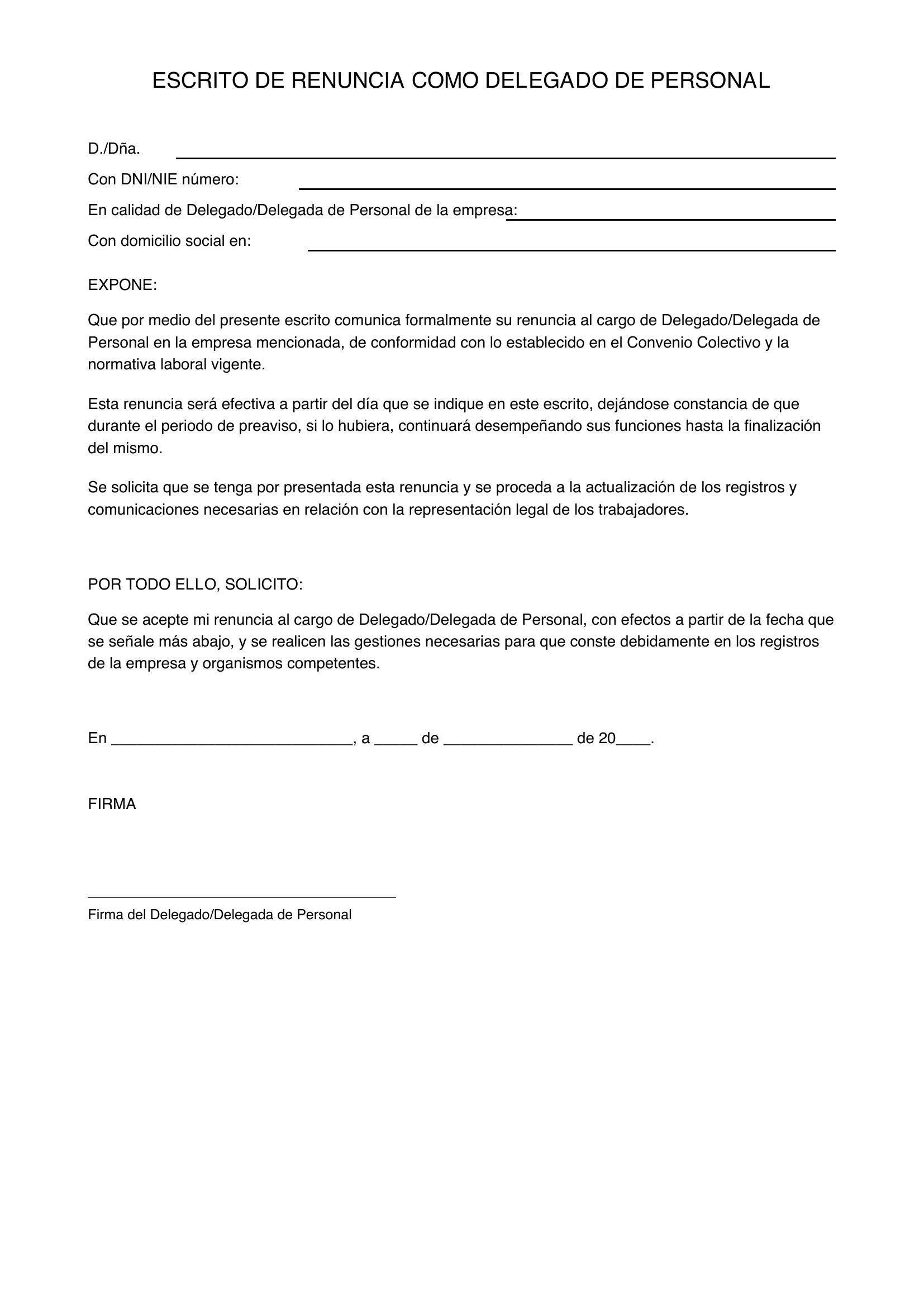 Modelo Renuncia Delegado De Personal
