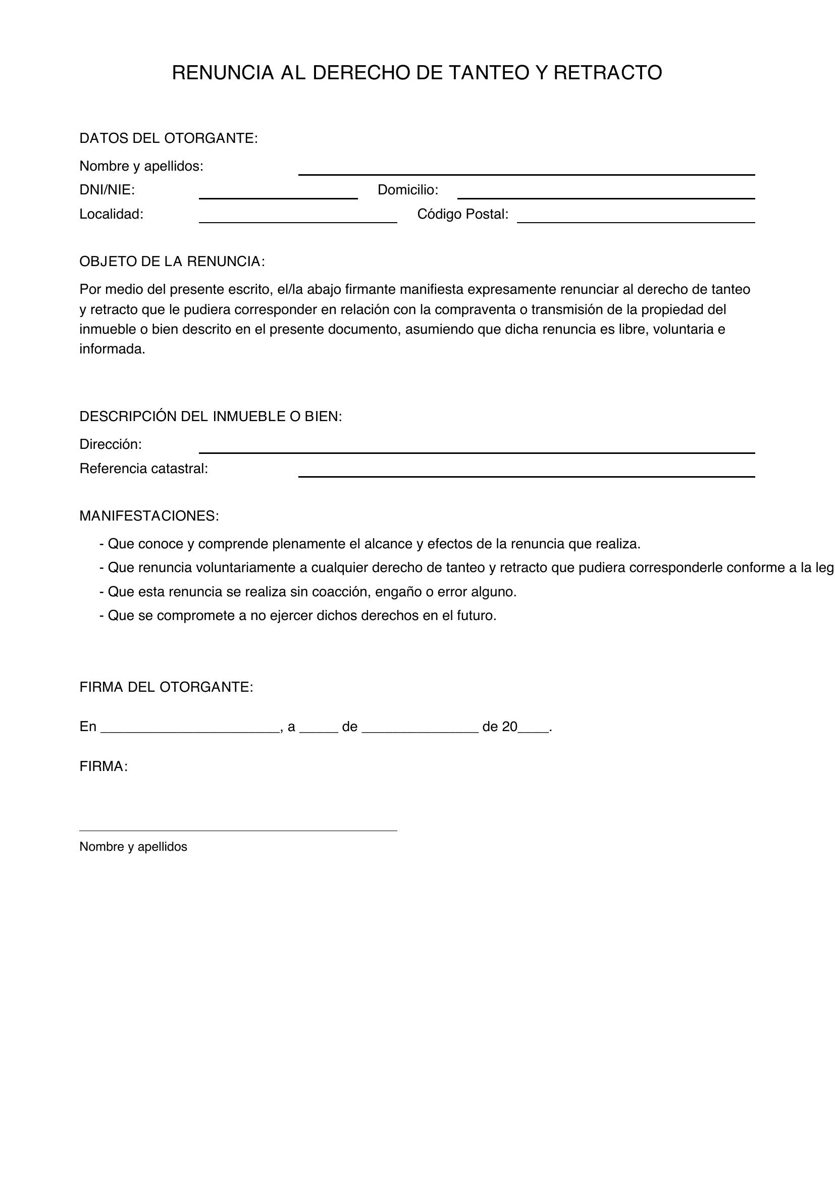 Modelo Renuncia Derecho De Tanteo Y Retracto
