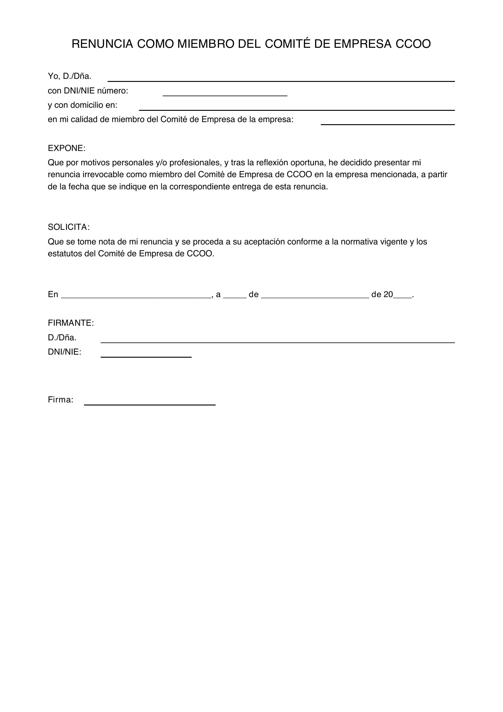 Modelo Renuncia Miembro Comité Empresa Ccoo