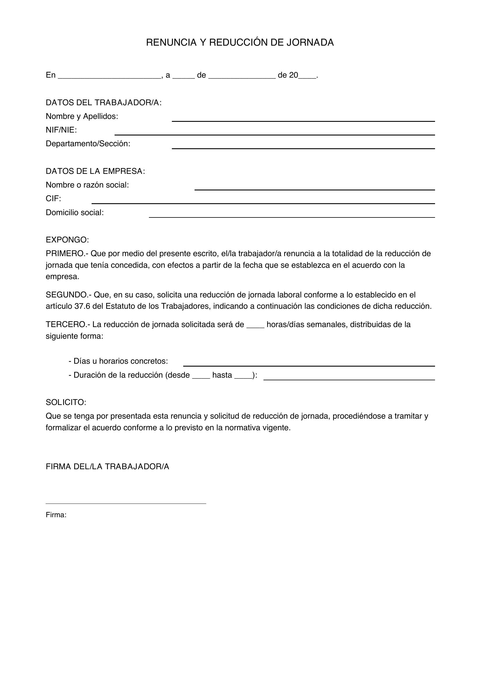 Modelo Renuncia Reducción De Jornada