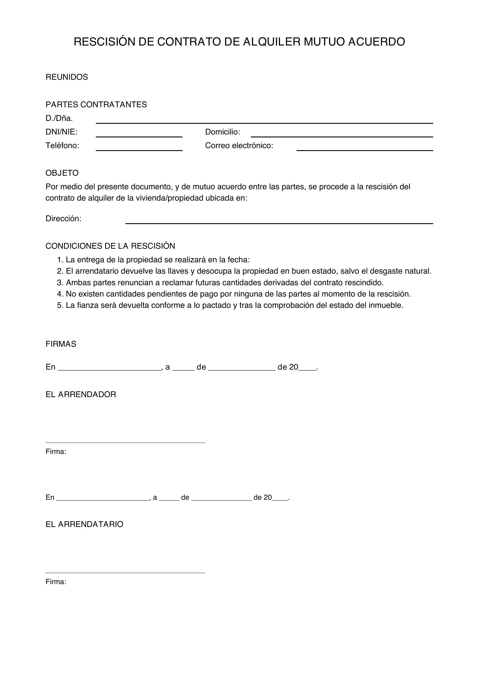 Modelo Rescisión Contrato Alquiler Mutuo Acuerdo