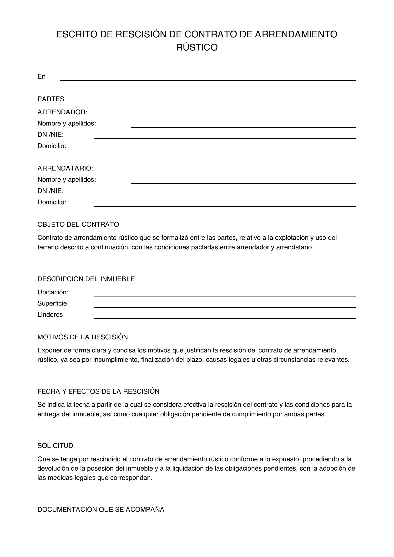 Modelo Rescisión Contrato Arrendamiento Rústico