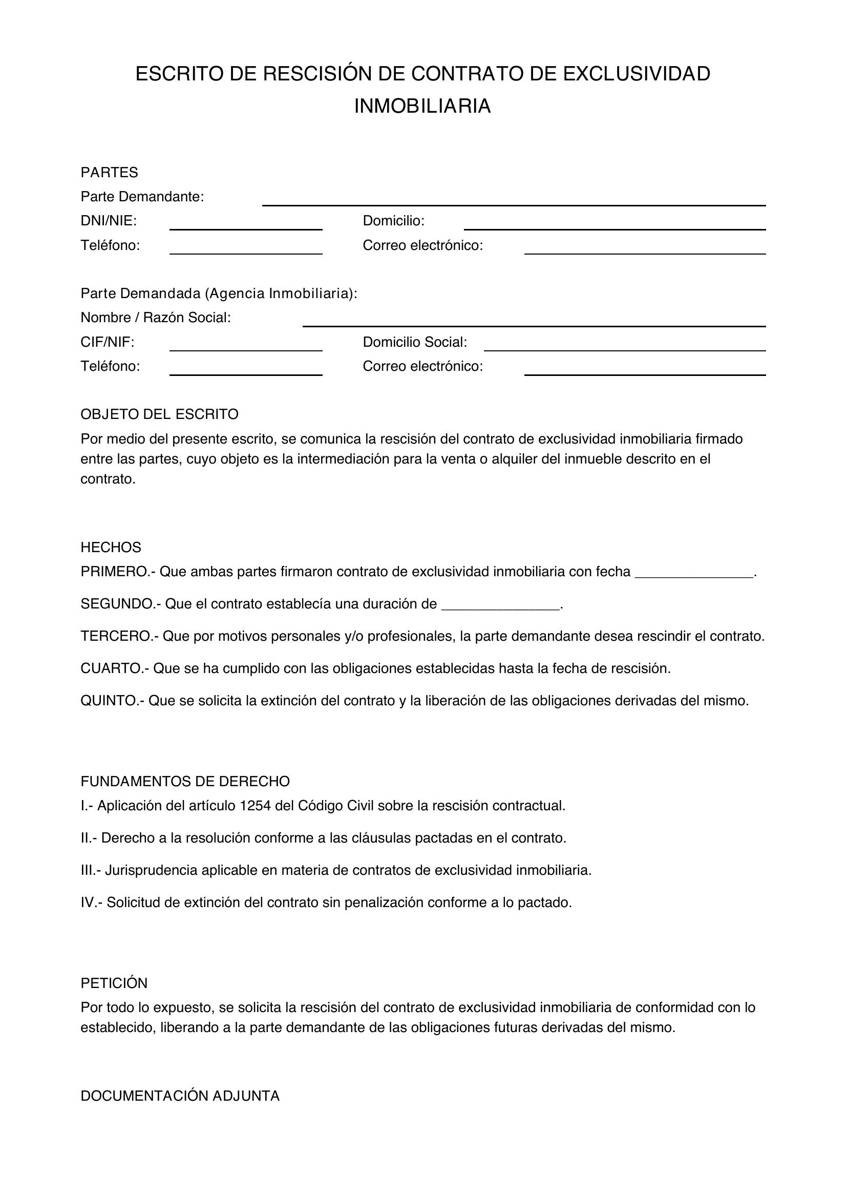 Modelo De Rescisión De Un Contrato De Exclusividad Inmobiliaria
